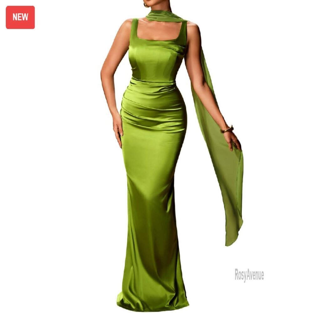 Satin Corset Dress with Scarf, Ruched Formal Evening Gown